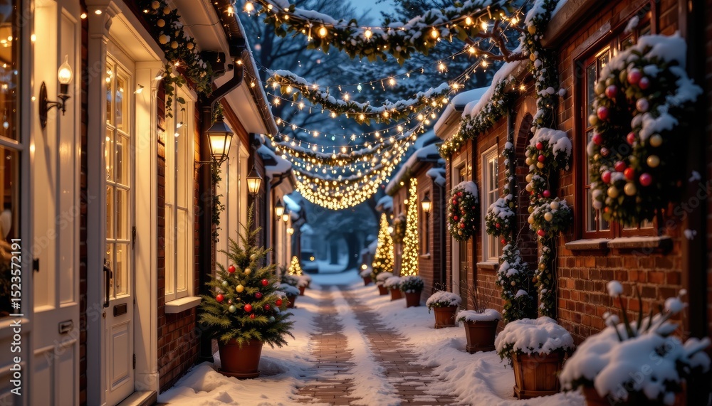 Fototapeta premium holiday 2025 decorated alleyway with string lights, falling snow, romantic tone, no humans in scene, 4k resolution.