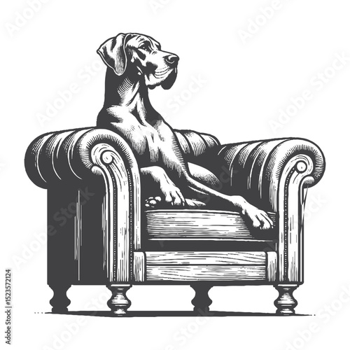 Vintage Hand-Drawn Great Dane Relax on the Sofa Illustration – Cozy Dog Engraved Style Vector for T-Shirts, Posters, Stickers, and Home Comfort Theme Apparel