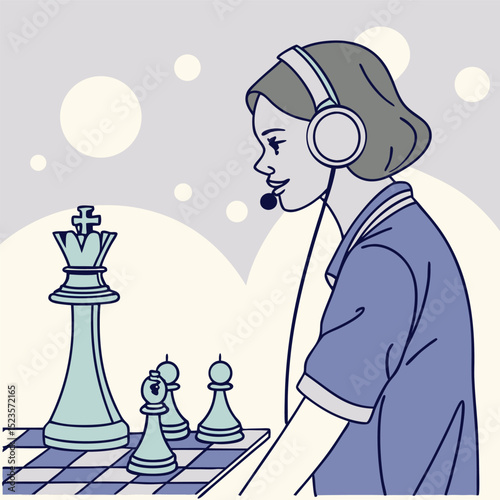 Woman playing chess online line art illustration