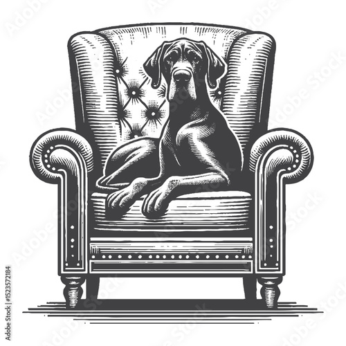 Vintage Hand-Drawn Great Dane Relax on the Sofa Illustration – Cozy Dog Engraved Style Vector for T-Shirts, Posters, Stickers, and Home Comfort Theme Apparel