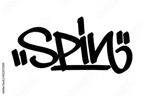 Graffiti tag text "Spin" in bold black urban style with festive street vibes. Hand-drawn lettering with raw spray paint texture. Ideal for posters, merch, events, and edgy festival designs.
