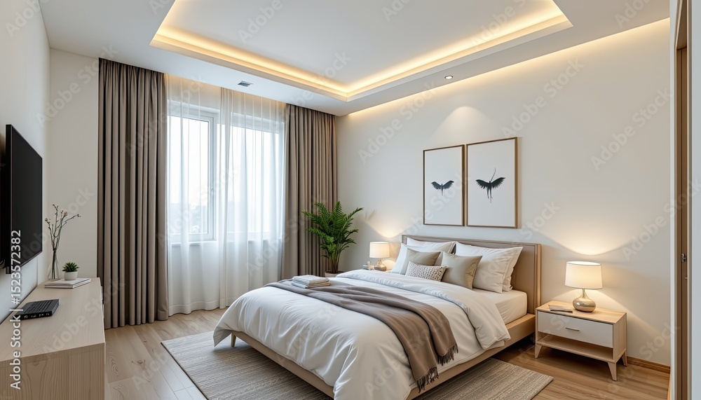 Fototapeta premium minimalist style bedroom with white walls, clean and organized, featuring warm interior lighting, 4k resolution.