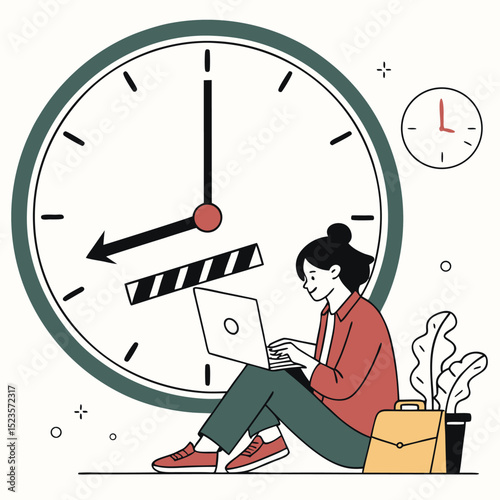 Woman working on laptop against large clock time management and productivity