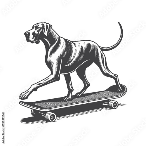 Vintage Hand-Drawn Great Dane Riding a Skateboard Illustration – Cool Dog Engraved Style Vector for T-Shirts, Posters, Stickers, and Urban Streetwear Apparel