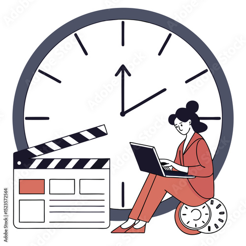 Woman working on laptop with clock and clapperboard