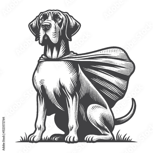Vintage Hand-Drawn Great Dane With Superhero Cape Illustration – Heroic Dog Engraved Style Vector for T-Shirts, Posters, Stickers, and Adventure Theme Apparel