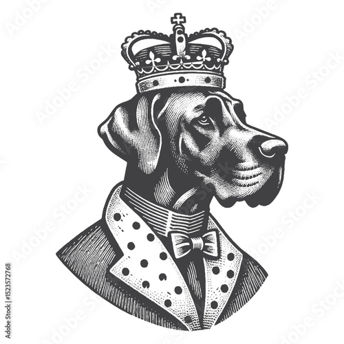 Vintage Hand-Drawn Great Dane Dressed as King Illustration – Regal Dog Engraved Style Vector for T-Shirts, Posters, Stickers, and Royal Theme Apparel
