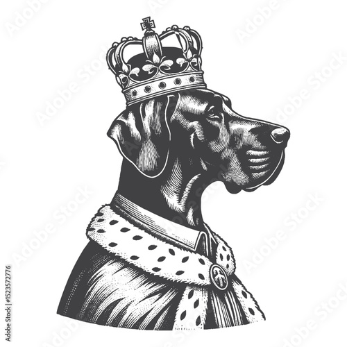 Vintage Hand-Drawn Great Dane Dressed as King Illustration – Regal Dog Engraved Style Vector for T-Shirts, Posters, Stickers, and Royal Theme Apparel
