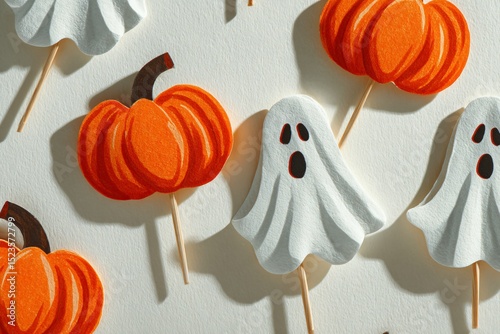 Halloween Decorations Whimsical Ghosts and Pumpkins Festive Theme Home Decor Close-Up Creative Spirit photo