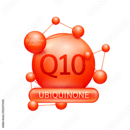 Red coenzyme Q10 or Ubiquinone surrounded by molecule atoms on white background. Vitamins complex for design dietary supplement products. Medical science health care concept. 3D Vector EPS10.