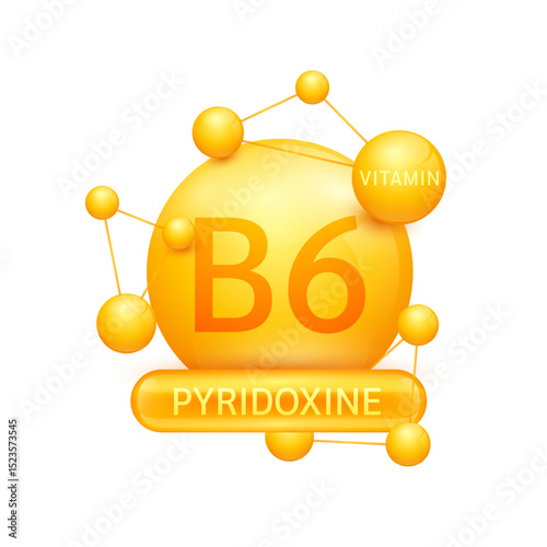 Orange vitamin B6 or Pyridoxine surrounded by molecule atoms on white background. Vitamins complex for design dietary supplement products. Medical science health care concept. 3D Vector EPS10.