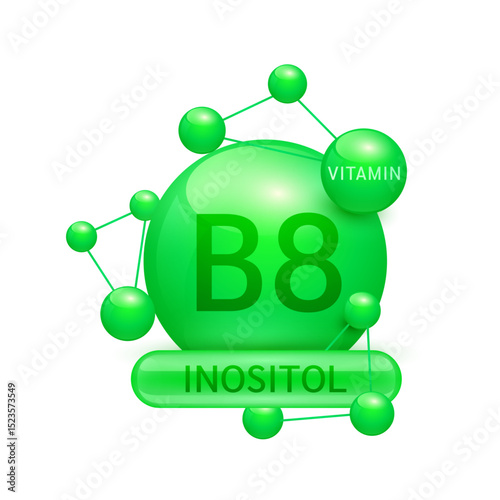 Green vitamin B8 or Inositol surrounded by molecule atoms on white background. Vitamins complex for design dietary supplement products. Medical science health care concept. 3D Vector EPS10.