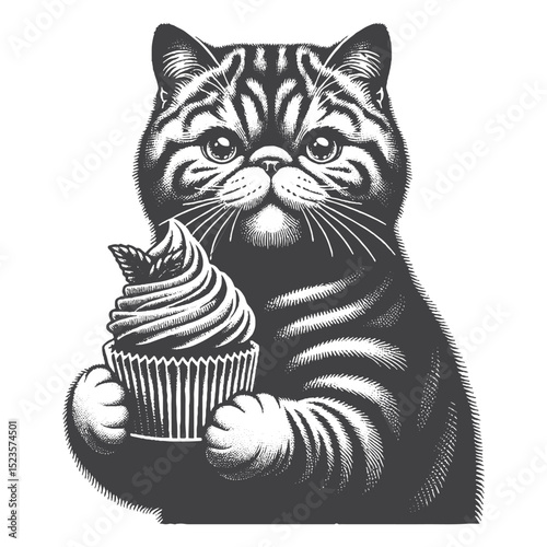 Vintage Hand-Drawn Exotic Shorthair Illustration – Sweet Dessert Engraved Style Vector for T-Shirts, Posters, Stickers, and Cute Cat Lover Apparel