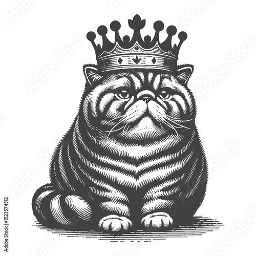 Vintage Hand-Drawn Exotic Shorthair With Crown Illustration – Royal Cat Engraved Style Vector for T-Shirts, Posters, Stickers, and Majestic Feline Theme Apparel