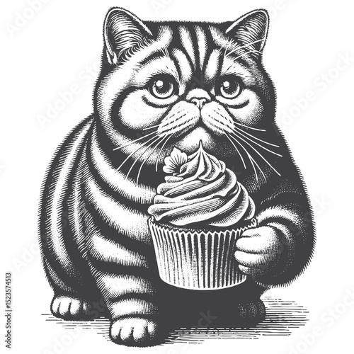 Vintage Hand-Drawn Exotic Shorthair Illustration – Sweet Dessert Engraved Style Vector for T-Shirts, Posters, Stickers, and Cute Cat Lover Apparel