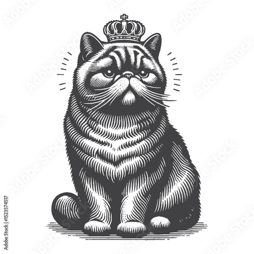 Vintage Hand-Drawn Exotic Shorthair With Crown Illustration – Royal Cat Engraved Style Vector for T-Shirts, Posters, Stickers, and Majestic Feline Theme Apparel