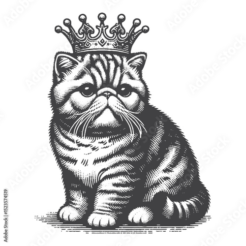 Vintage Hand-Drawn Exotic Shorthair With Crown Illustration – Royal Cat Engraved Style Vector for T-Shirts, Posters, Stickers, and Majestic Feline Theme Apparel