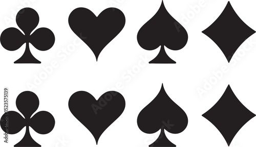 playing cards, suits, club, heart, spade, diamond, poker, casino, games, gambling, card game, black, white, vector, illustration, symbol, icons, set, design, element, shape, graphic, isolated, decorat