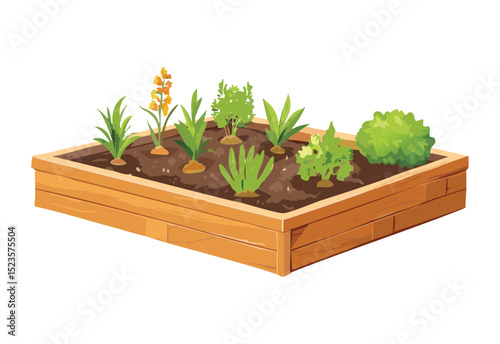 Raised Garden Bed with Growing Vegetables
