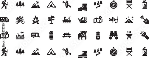 camping, adventure, outdoor, hiking, travel, nature, icon, set, vector, illustration, tent, mountain, forest, map, compass, bonfire, fishing, bear, kayak, boot, 