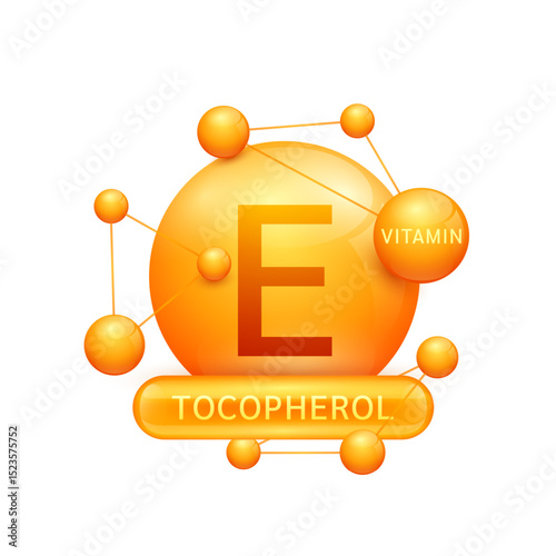 Orange vitamin E or tocopherol surrounded by molecule atoms on white background. Vitamins complex for design dietary supplement products. Medical science health care concept. 3D Vector EPS10.