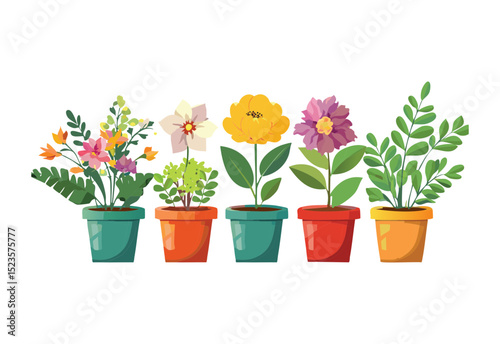 Row of Colorful Flowers in Terracotta Pots