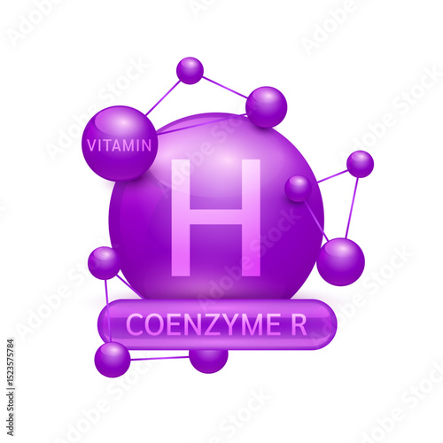 Purple vitamin H or Coenzyme R surrounded by molecule atoms on white background. Vitamins complex for design dietary supplement products. Medical science health care concept. 3D Vector EPS10.