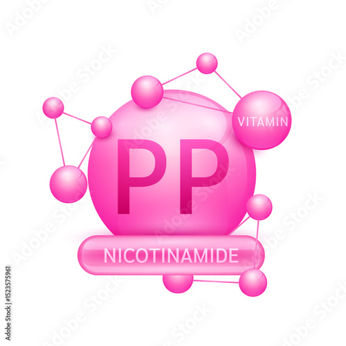 Pink vitamin PP or Nicotinamide surrounded by molecule atoms on white background. Vitamins complex for design dietary supplement products. Medical science health care concept. 3D Vector EPS10.