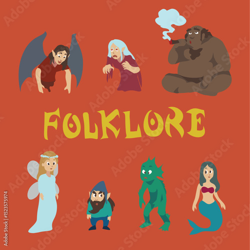 Philippine Halloween Folklore Creatures Vector Set – Manananggal, Kapre, diwata, aswang, mermaid, dwende, syokoy