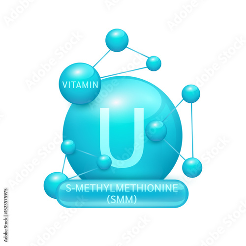 Blue vitamin U or SMM surrounded by molecule atoms on white background. Vitamins complex for design dietary supplement products. Medical science health care concept. 3D Vector EPS10.