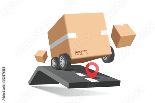 Truck that looks like a parcel box or cardboard box is driving on the road to deliver goods to customers at the red pin location, vector 3d isolated for E commerce, delivery, online shopping concept