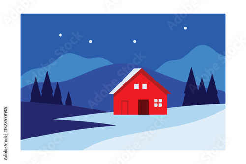 Serene Winter Night Red Cabin nestled in Snowy Mountains Illustration