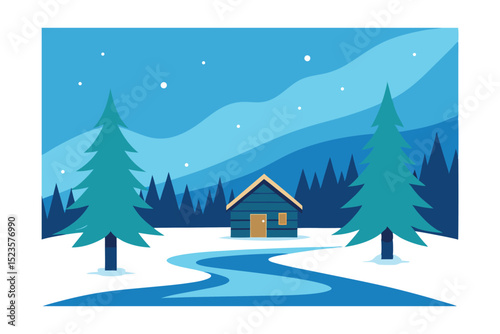 Cozy Winter Cabin in Snowy Landscape A Serene Winter Wonderland Illustration