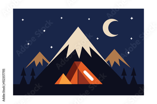 Night Camping Adventure Mountain Peaks under Starlit Sky
