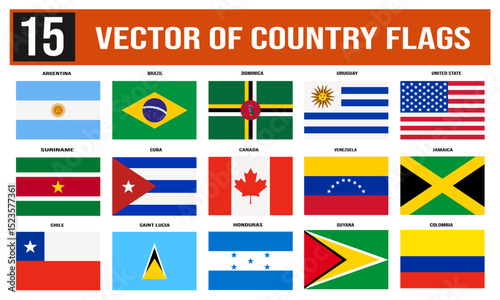 a set of 15 national flags with state name. flags of countries. vector stock illustration. isolated on a white background.