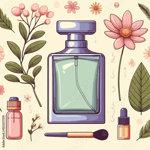 perfume bottle and flowers