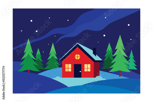 Cozy Cabin in Winter Wonderland A Nighttime Scene of Peace and Tranquility