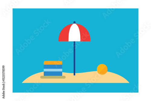 Summer Beach Scene Umbrella, Beach Chair, and Ball Illustration