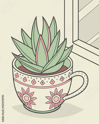 Charming Succulent in Teacup Planter Botanical Illustration