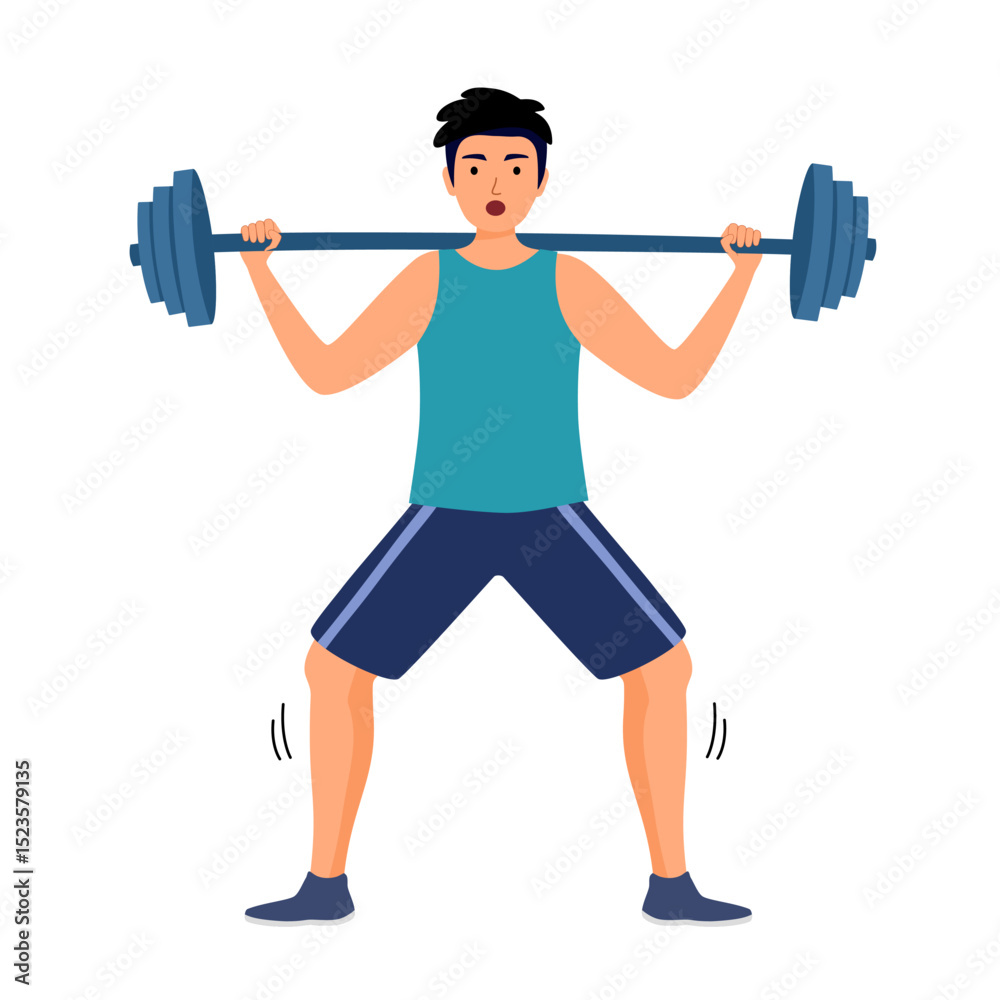 Obraz premium Man doing barbell shoulder press exercise in flat design.