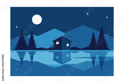Serene Night Landscape Cabin by the Lake Under a Tranquil Moon