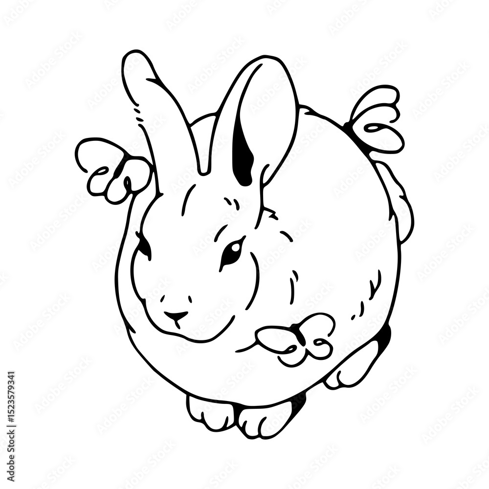 Fototapeta premium adorable rabbit and butterfly line art - nature illustration