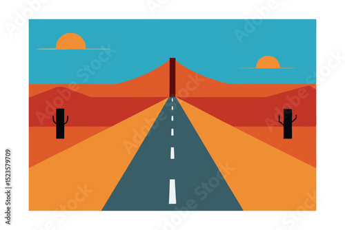 Desert Road Trip A Minimalist Geometric Landscape Illustration