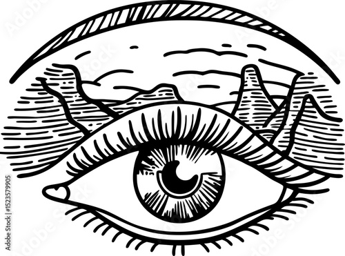 Surreal eye illustration with landscape reflection nature mountains, clouds and abstract vision concept, graphic art