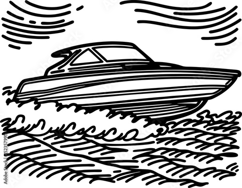 Speedboat cruising on water waves, maritime leisure activity fast recreational motorboat illustration, nautical adventure
