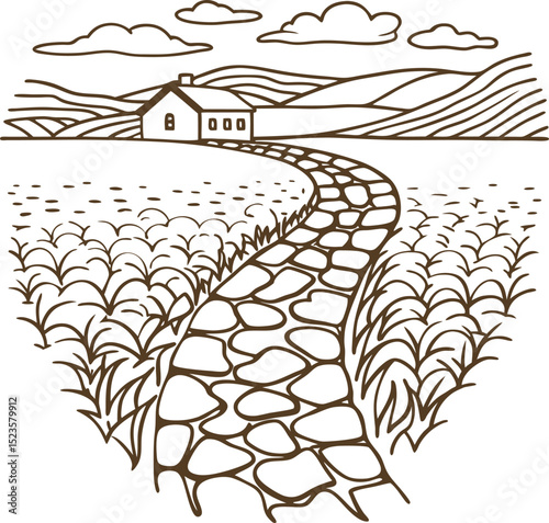 Countryside landscape with farmhouse, stone path, and cultivated field rural agriculture, scenic hills, clouds