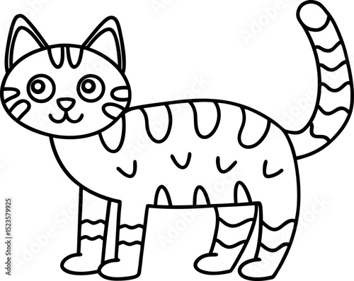 Cute striped cat illustration simple outlined feline drawing with happy face and wavy tail for coloring or children's activity