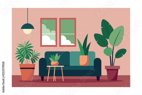 Modern Living Room Interior Design with Lush Greenery and Plants