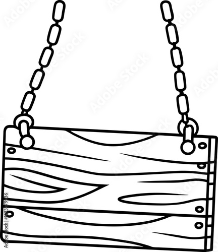 Wooden hanging signboard with chains blank rustic plank for messages or decoration, outlined illustration