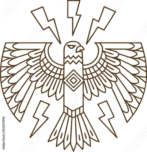 Thunderbird line art with outstretched wings and lightning bolts tribal, mythical bird symbol illustration